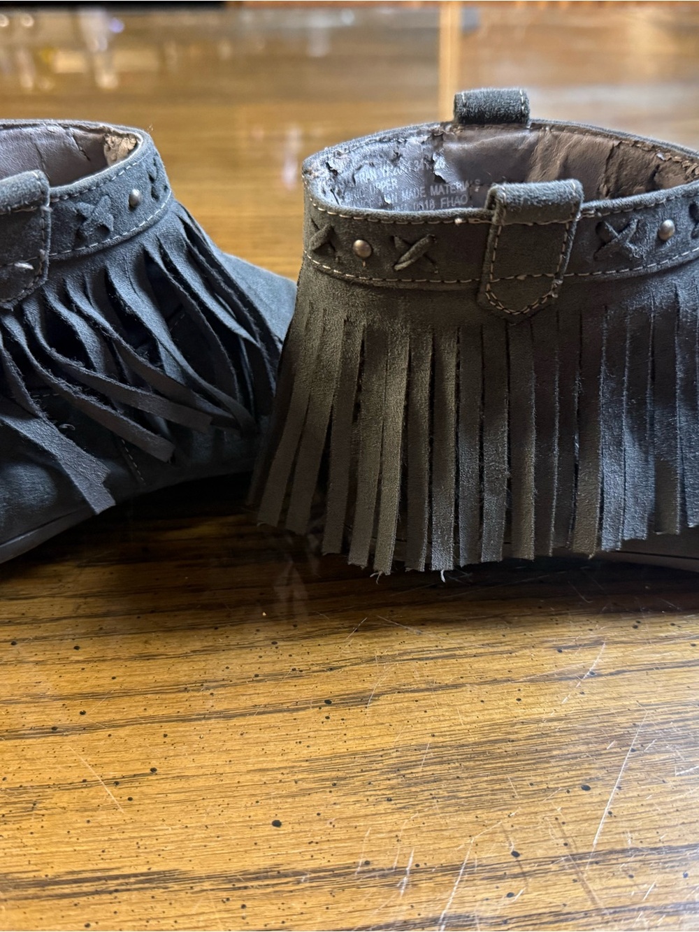Fringe Ankle Booties in Dark Gray Suede